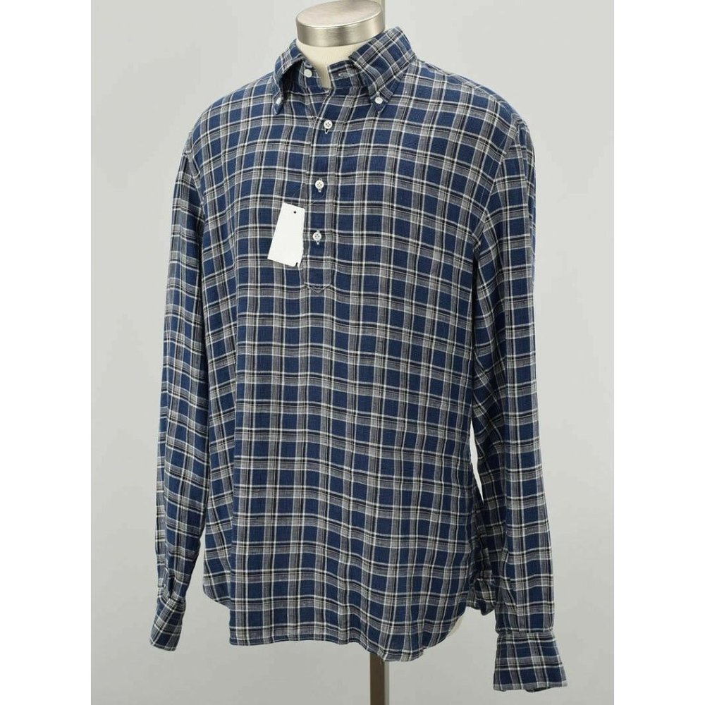 EIDOS Napoli Blue Plaid Half Button Long Sleeve Pullover Linen Shirt Size 42 NWT